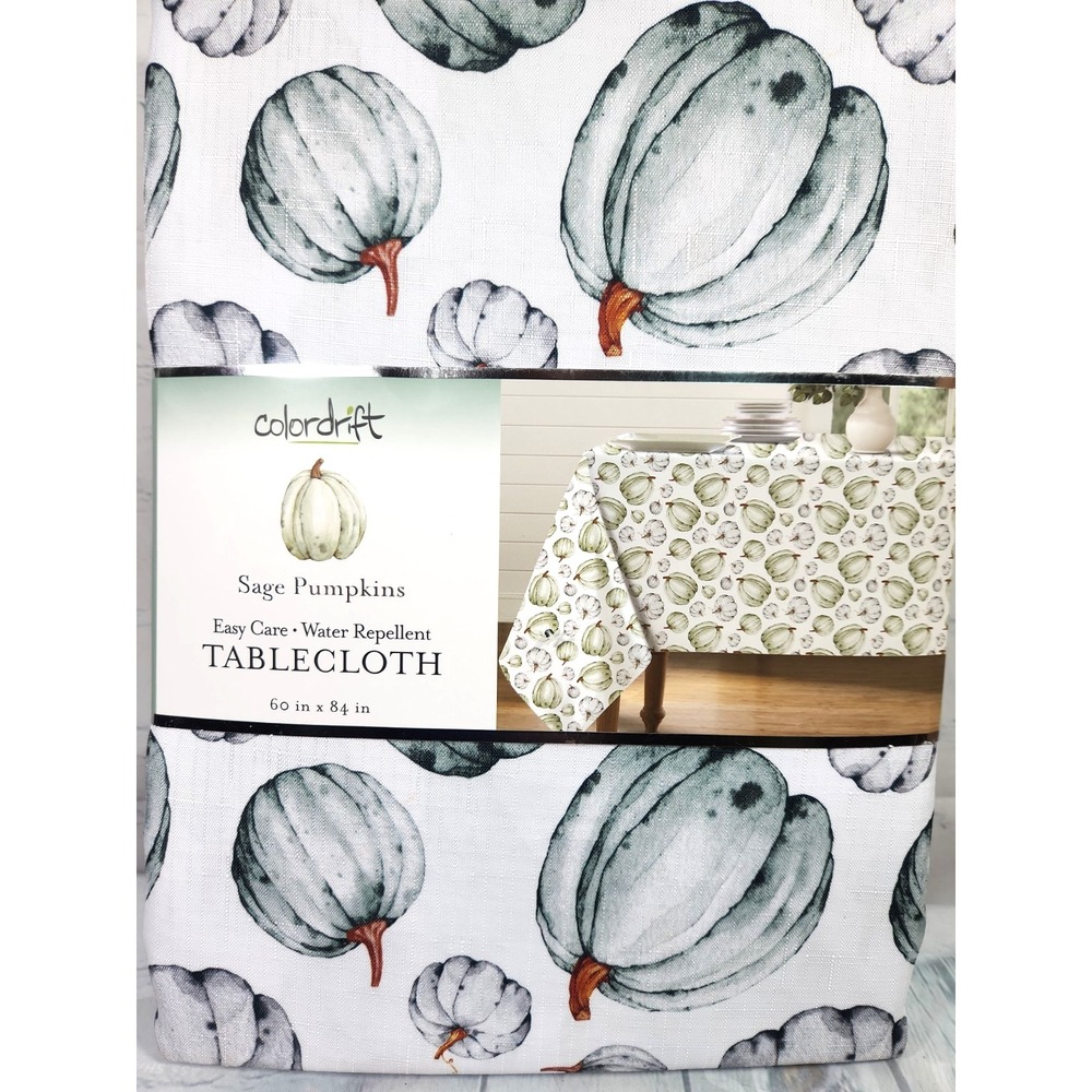 NEW-Colordrift THANKSGIVING Tablecloth 60" X 84" Rectangular SAGE PUMPKINS